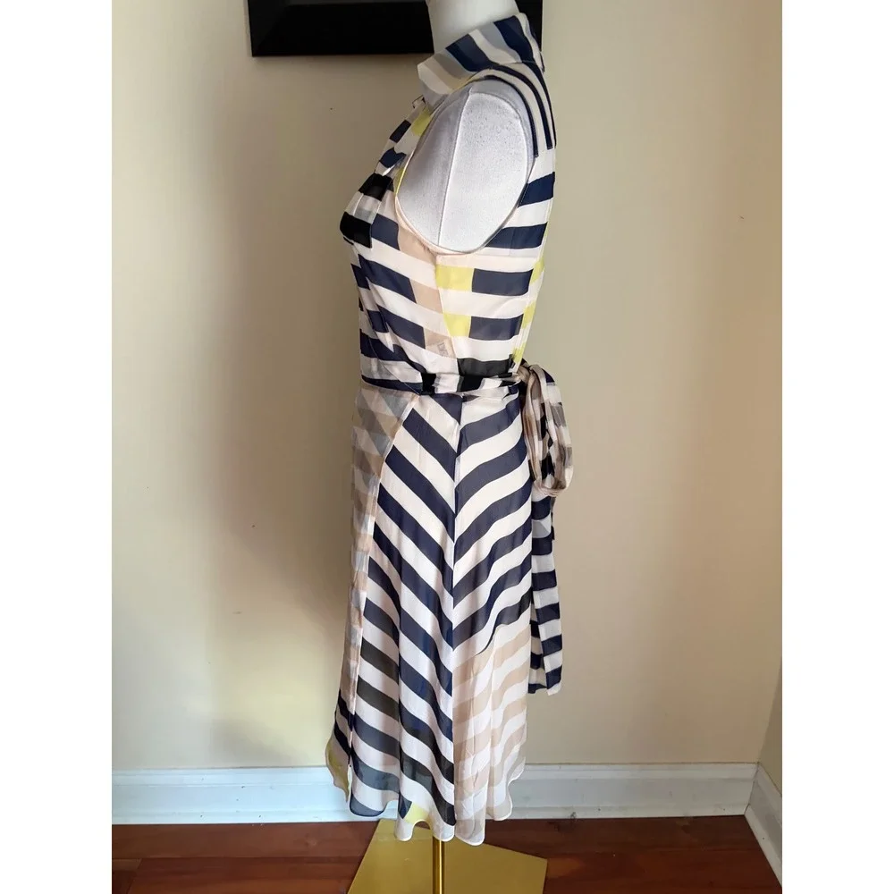 Diane von Furstenberg DVF Silk Striped Wrap Dress Navy Pink Sleeveless Size 2